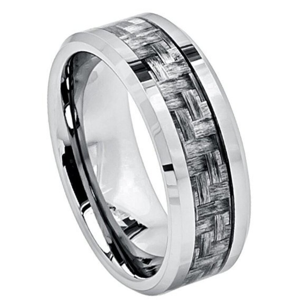 8mm Men Women Tungsten Ring Dark Grey Carbon Fiber Weave Inlay Wedding Band